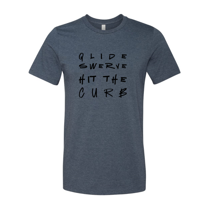 A man wearing a heather navy blue shirt that says Glide Swerve Hit The Curb, which is an ode to the song Regulators. Shirt made by The Movement Shop