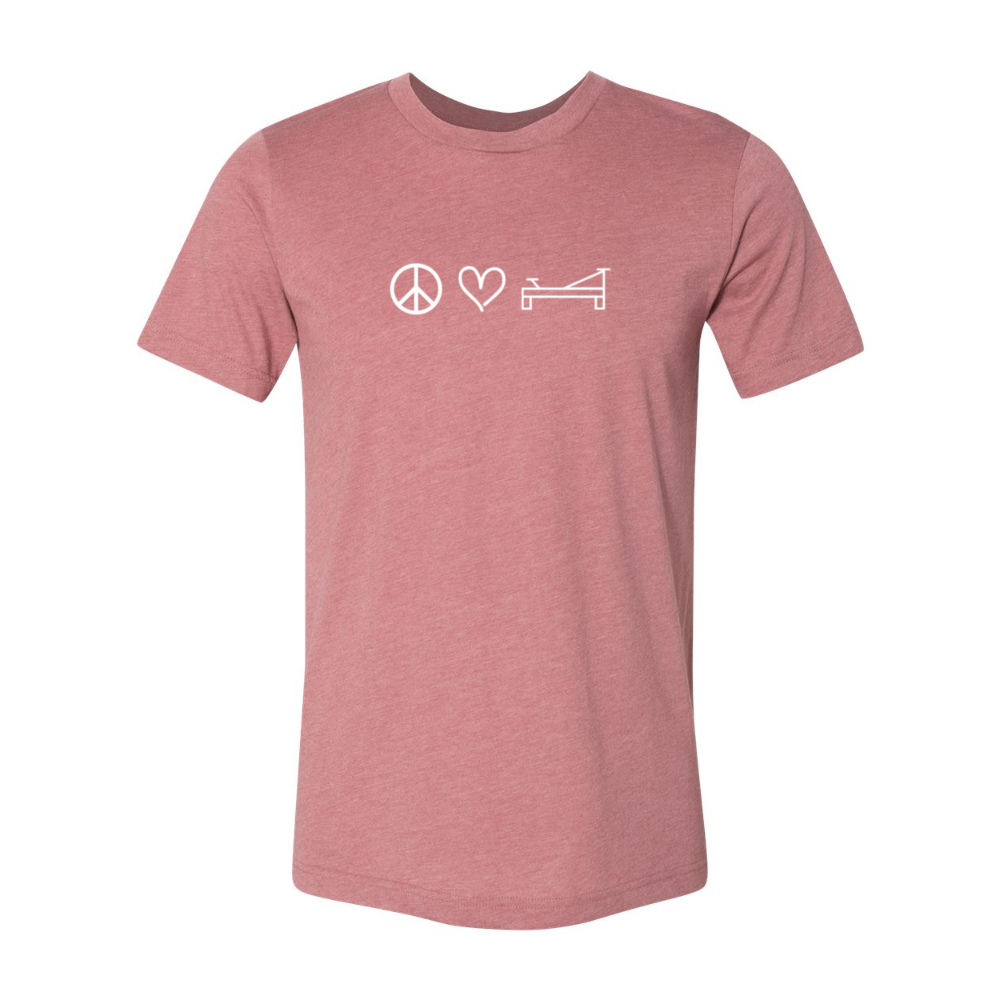 Unisex crew neck heather mauve t-shirt that shows a peace sign, a heart, or a Pilates reformer. 