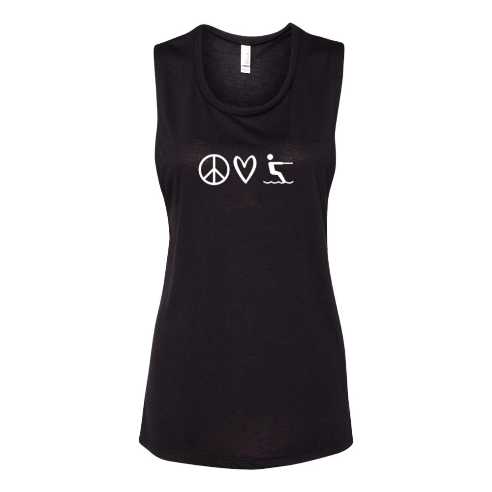 A black muscle tank top that has a peace, heart, and waterski in white on the front