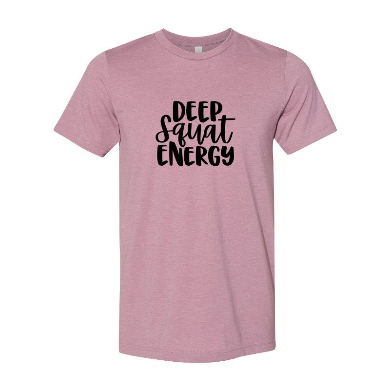 Heather Orchid Unisex Crewneck T-Shirt that says "Deep Squat Energy" in black text