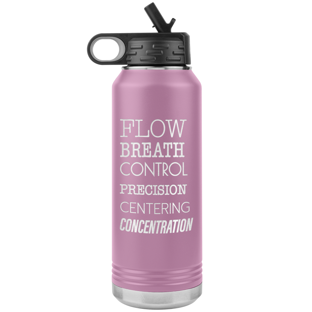 Light Purple Metal Water bottle that is 32oz and  that has the 6 pilates principles listed in white text . The Pilates Principles are flow, breath, control, precision, centering, concentration. 