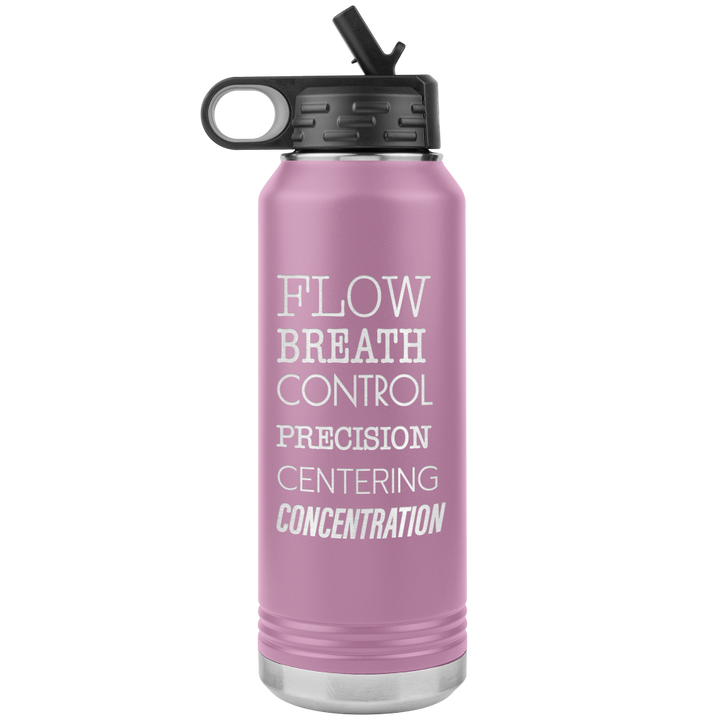 Light Purple Metal Water bottle that is 32oz and  that has the 6 pilates principles listed in white text . The Pilates Principles are flow, breath, control, precision, centering, concentration. 