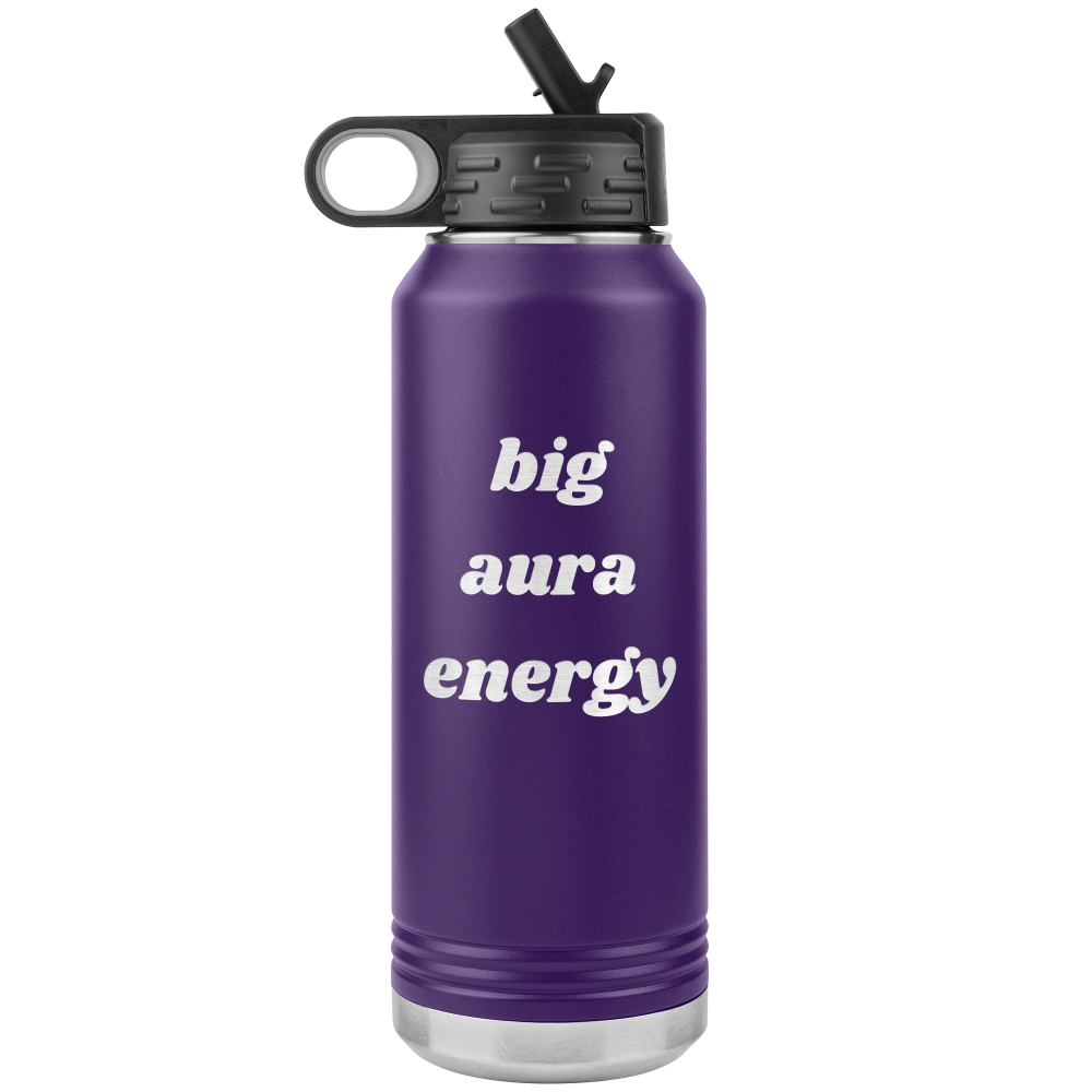 Purple metal water bottle that says "big aura energy" laser engraved on ONE side only.
