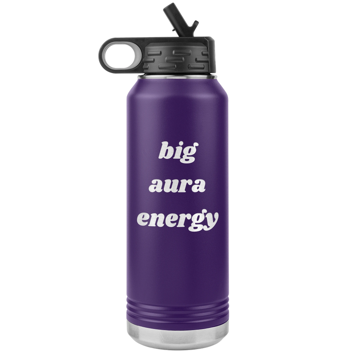 Purple metal water bottle that says "big aura energy" laser engraved on ONE side only.