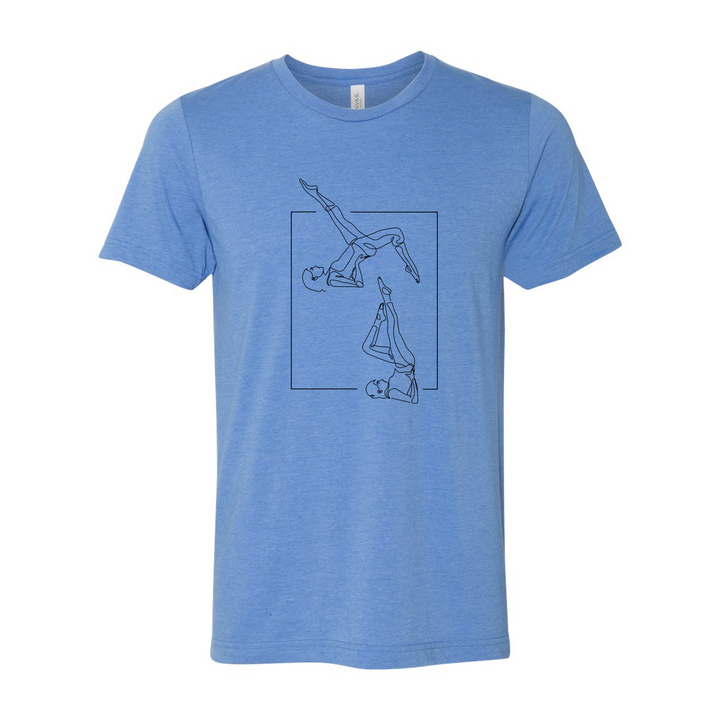 A heather columbia blue unisex crew t-shirt that has a line drawing of two people doing the Pilates Exercise the bicycle 