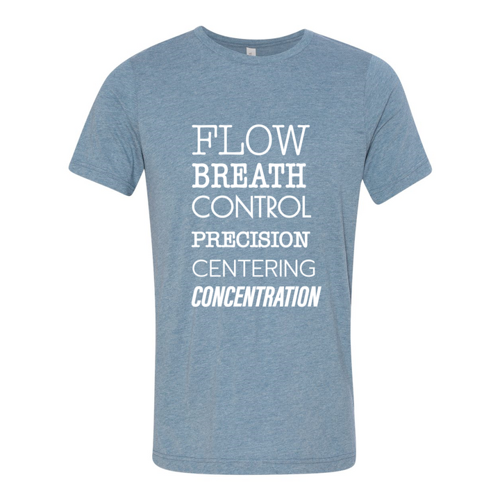 Denim Blue unisex crewneck t-shirt that has the 6 pilates principles listed in white text . The Pilates Principles are flow, breath, control, precision, centering, concentration. 