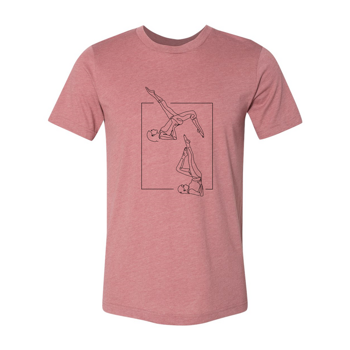 A heather mauve unisex crew t-shirt that has a line drawing of two people doing the Pilates Exercise the bicycle 