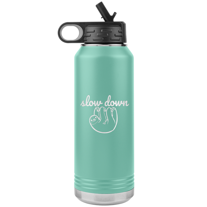 Light green 32oz Polar Camal Water bottle that has a picture of a sloth etched on it with the words "slow down" in script.