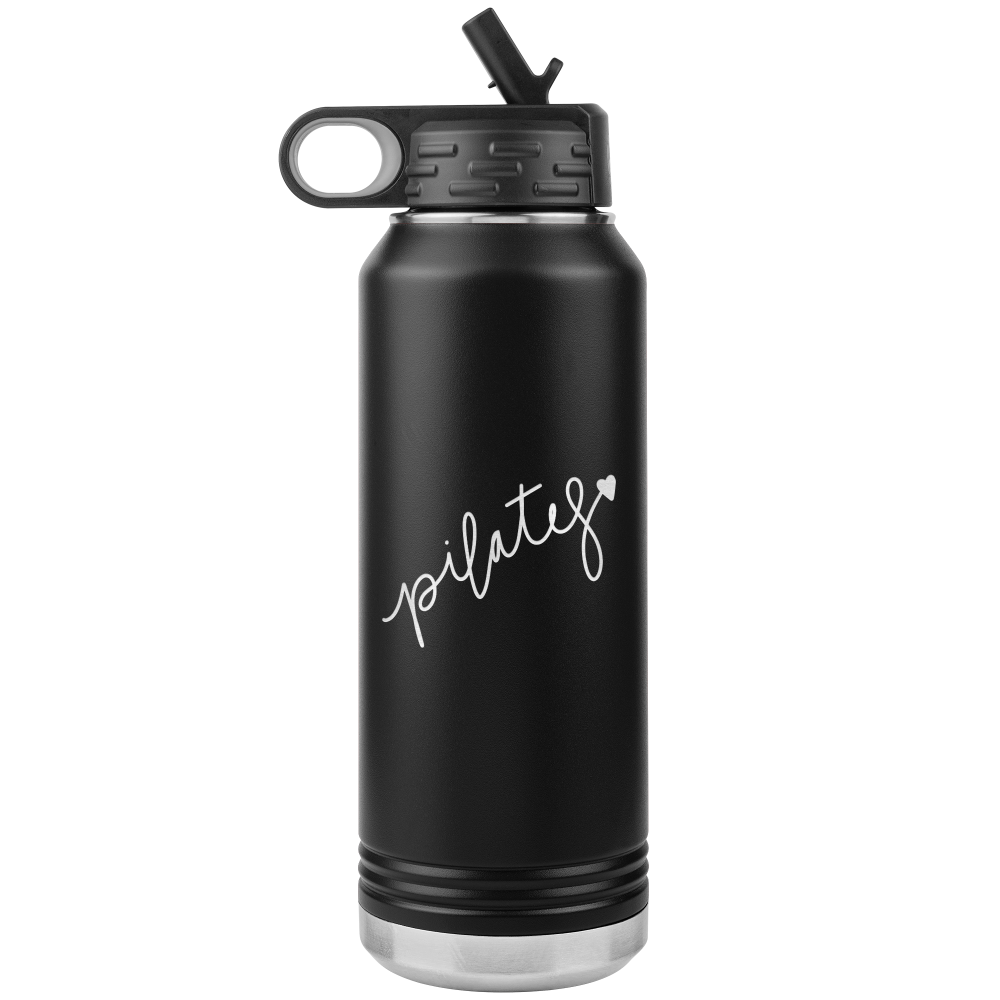 32 oz black water bottle that has the words Pilates laser etched on one side, with a heart at the end of the word "Pilates"