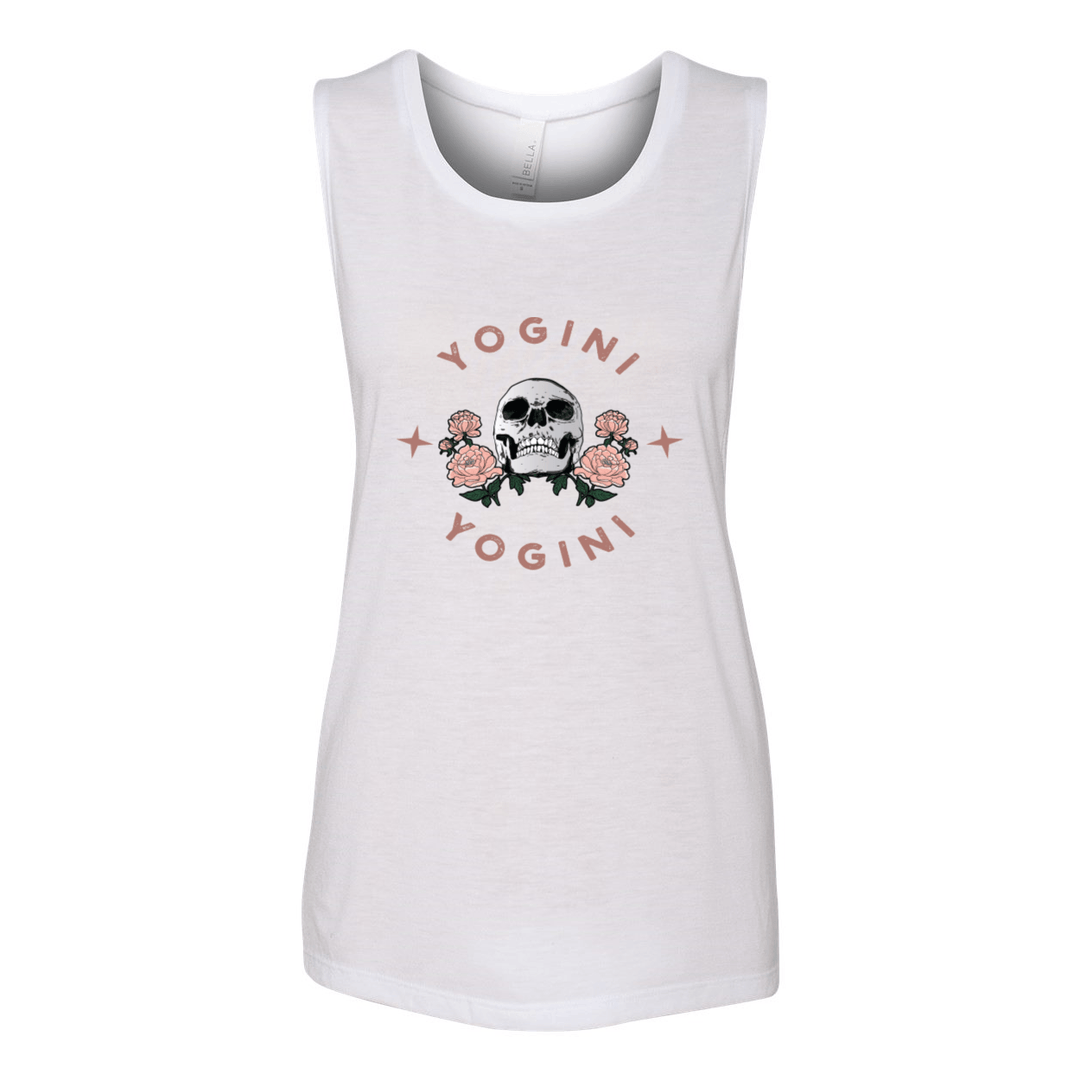 White muscle tank top with the words "Yogini" in a semi circle on the top and bottom of the design. There is a skull in the middle of the tank top. 