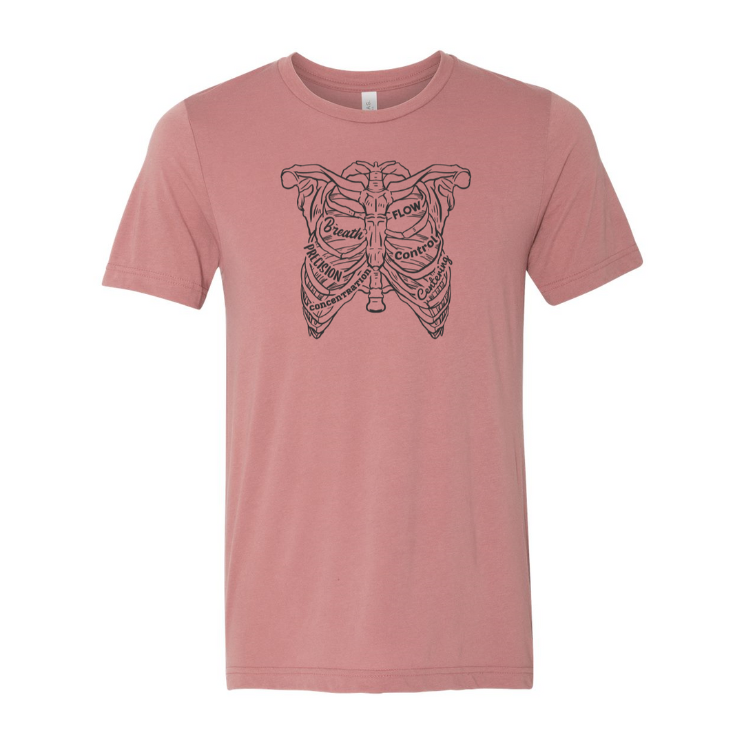 Heather Mauve unisex crewneck t-shirt with a drawing of a rib cage with the ribs designed as the 6 pilates principles 