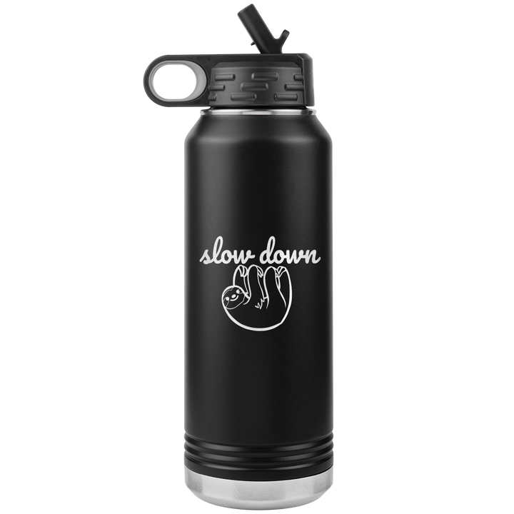 Black 32oz Polar Camal Water bottle that has a picture of a sloth etched on it with the words "slow down" in script.