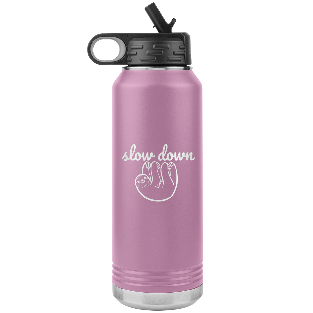 Light Purple 32oz Polar Camal Water bottle that has a picture of a sloth etched on it with the words "slow down" in script.