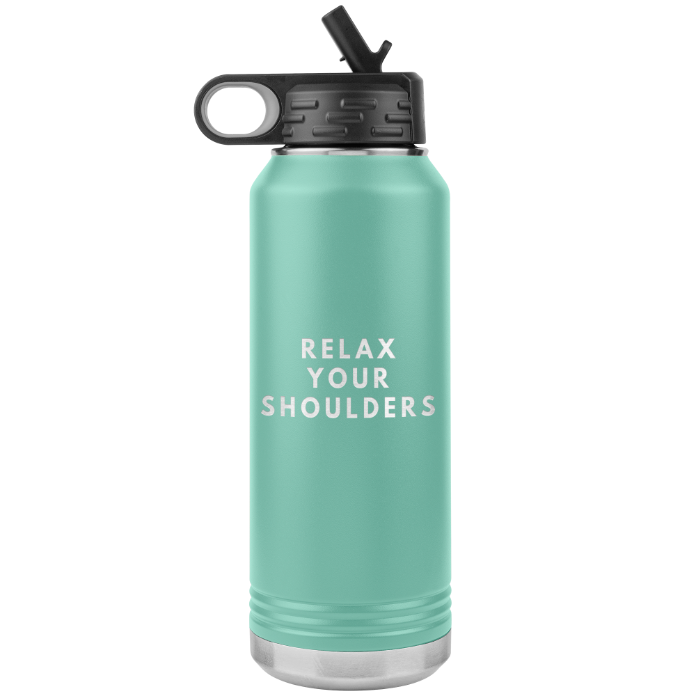 32oz mint green water bottle that says "relax your shoulders" laser etched on one side.