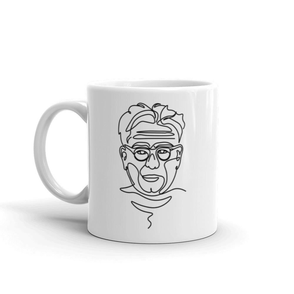 11oz white coffee mug Single Line Drawing Of Joseph Pilates on a 15oz white coffee mug. 