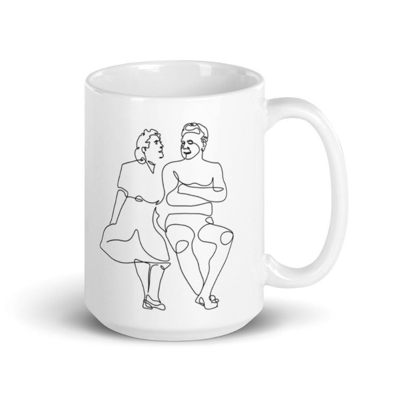 15 oz white coffee mug that with a single line drawing of Clara Pilates and Joe Pilates.