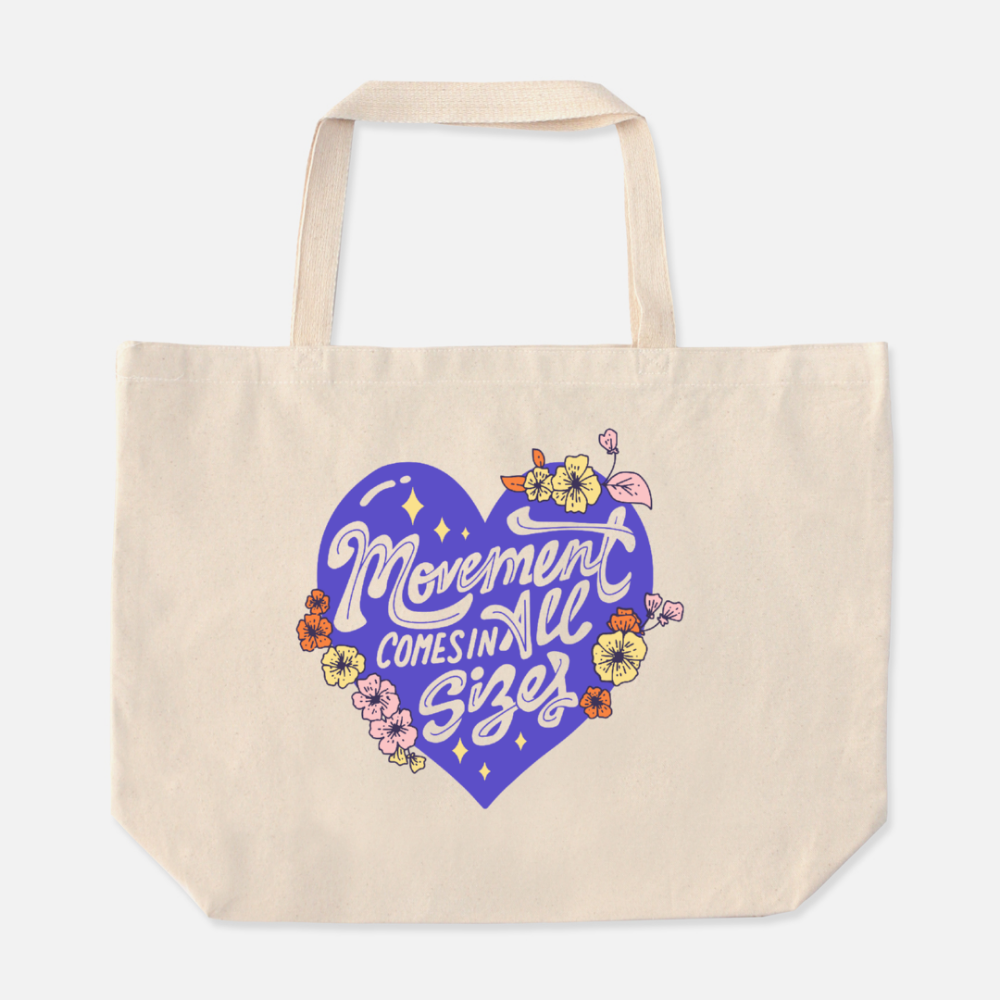Canvas Tote Bag that says "movement comes in all sizes" with a purple heart