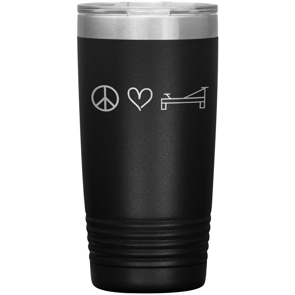 Black 20oz coffee mug that says "peace, love, pilates" in a design laser etched on ONE side
