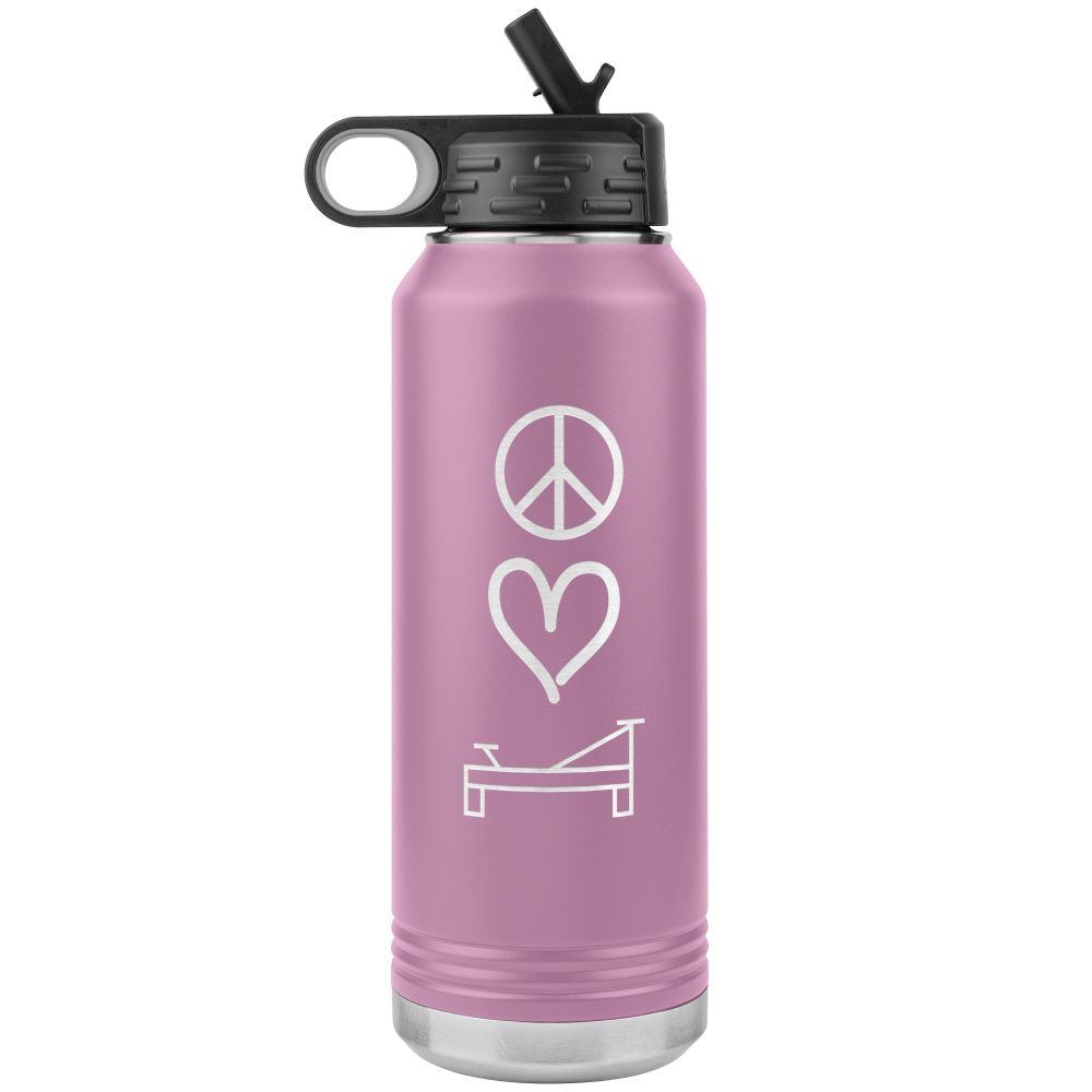 Light purple 32oz stainless steel water bottle that has peace, love, pilates laser engraved into 1 side