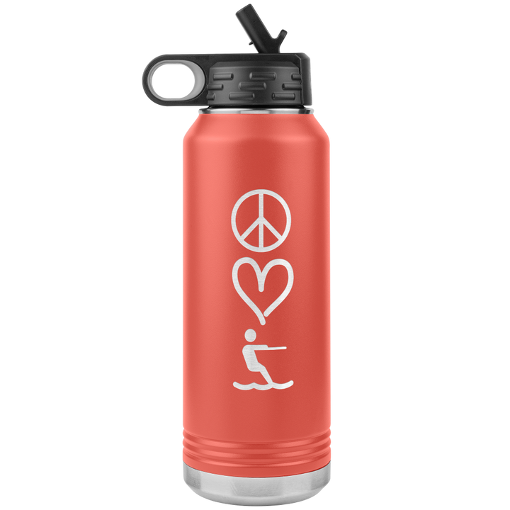 Orange 32oz stainless steel water bottle that has peace, love, waterski laser engraved into 1 side