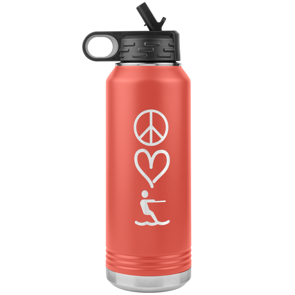 Orange 32oz stainless steel water bottle that has peace, love, waterski laser engraved into 1 side