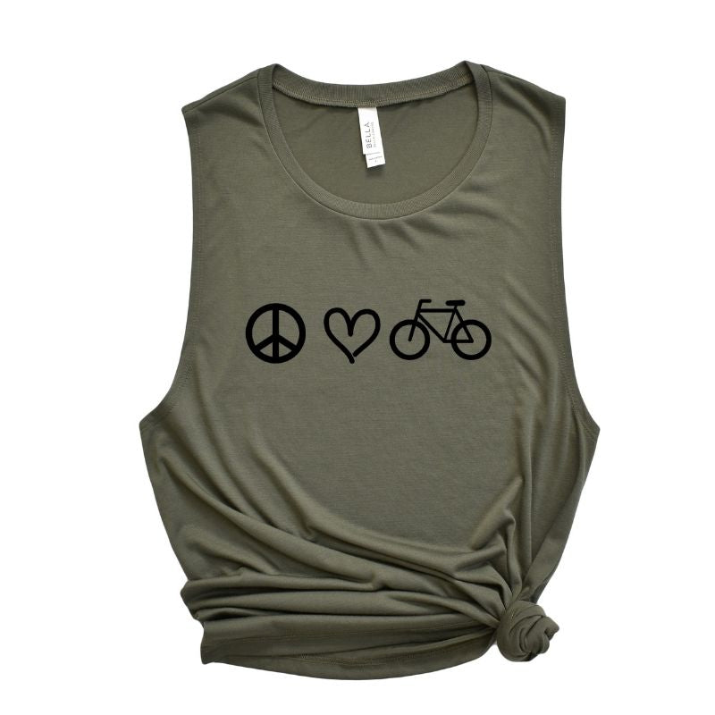 Green Muscle Tank Top that has a peace sign, heart, bike design in the front that in black