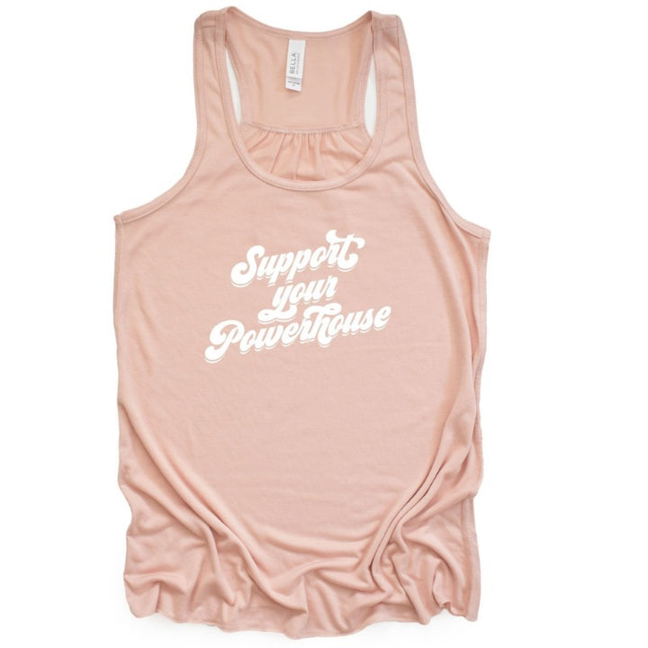 Women's Cut Peach Muscle Tank that says "Support Your Powerhouse" in white retro text 