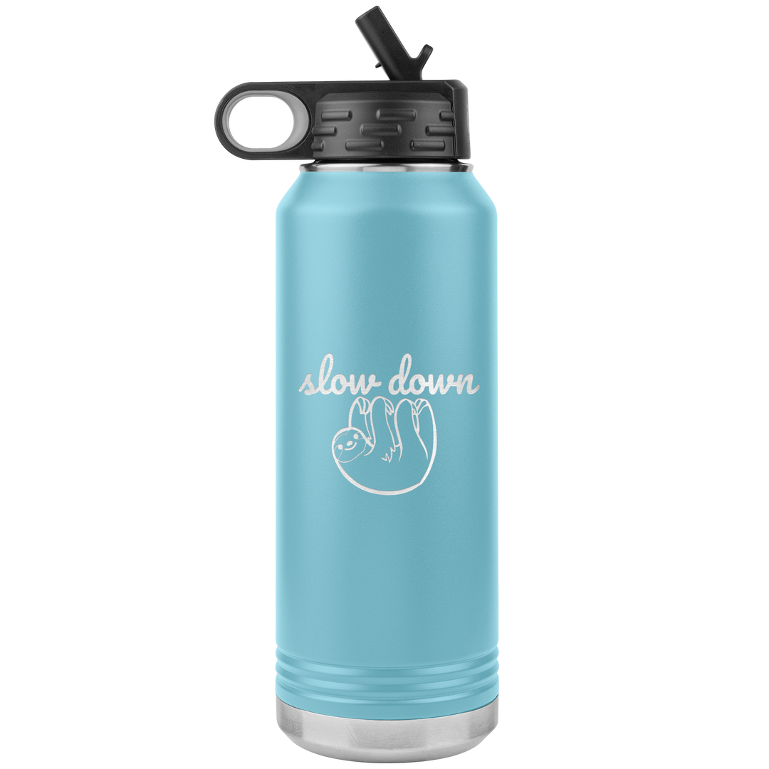 Light Blue 32oz Polar Camal Water bottle that has a picture of a sloth etched on it with the words "slow down" in script.