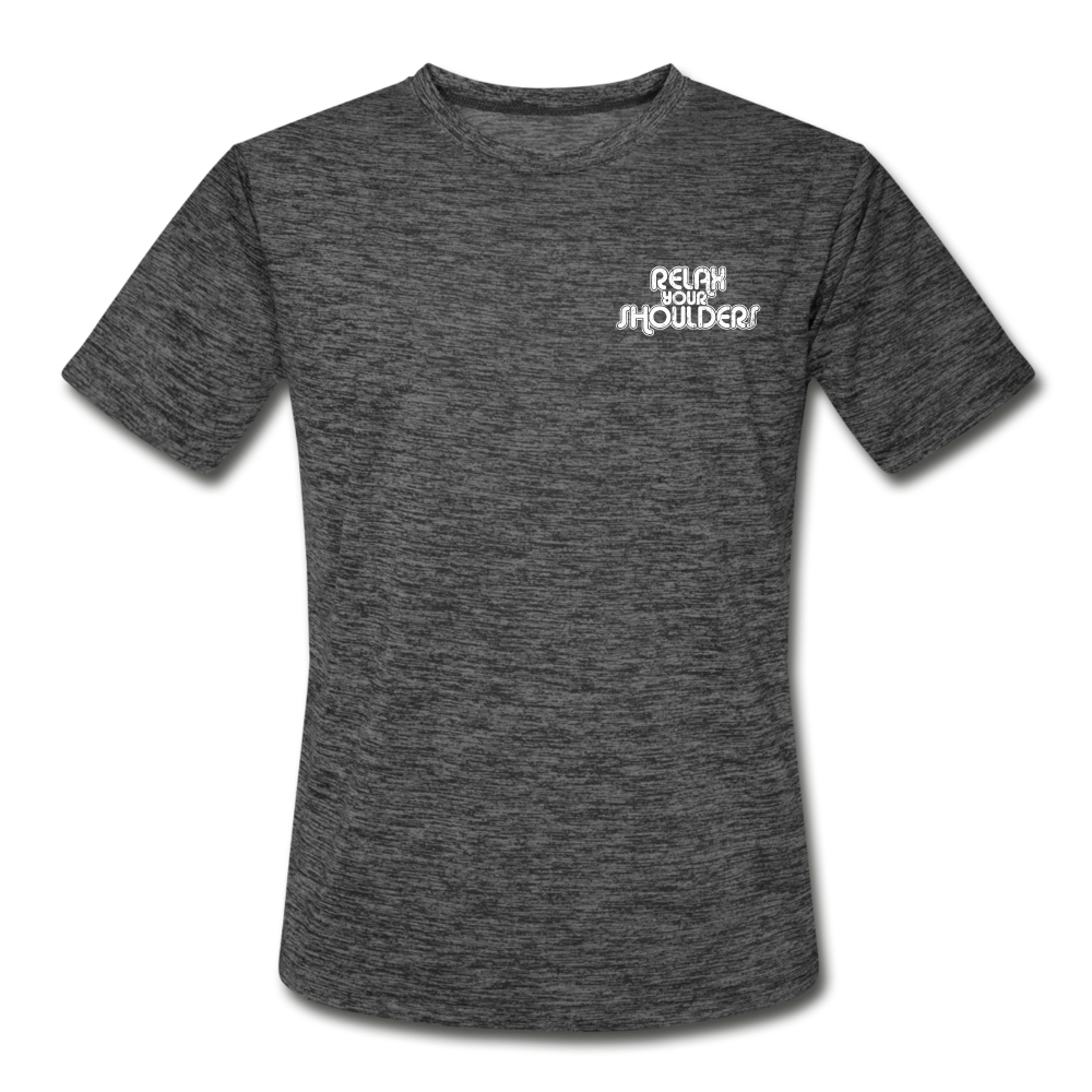 Unisex crew neck moisture wick dark heather gray workout t-shirt that says "Relax Your Shoulders" on the upper left chest as a logo.