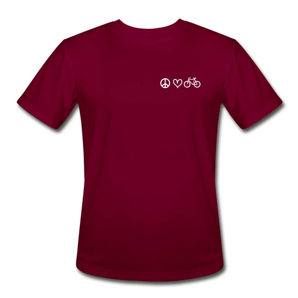Unisex Crew Moisture Wick T-Shirt that is burgandy shade of red and has a Peace Sign, Heart, and Bike on upper right chest as a logo