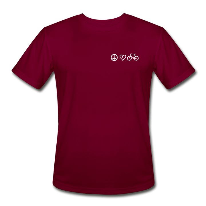 Unisex Crew Moisture Wick T-Shirt that is burgandy shade of red and has a Peace Sign, Heart, and Bike on upper right chest as a logo