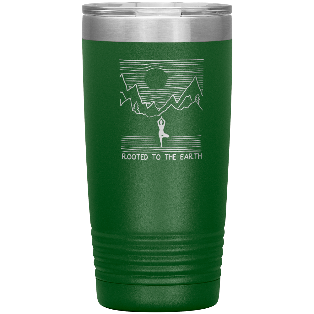 Green travel mug that says rooted to the earth in laser etched in one mug 