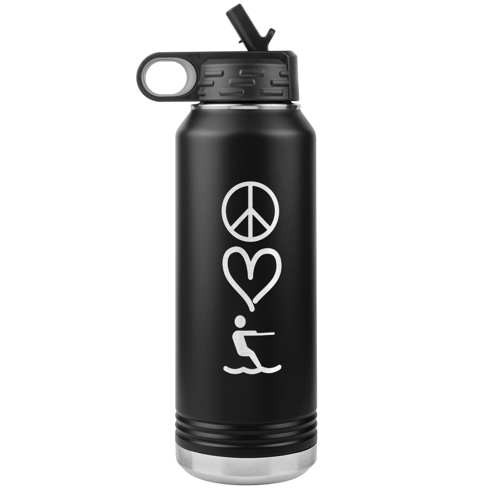 Light black 32oz stainless steel water bottle that has peace, love, waterski laser engraved into 1 side