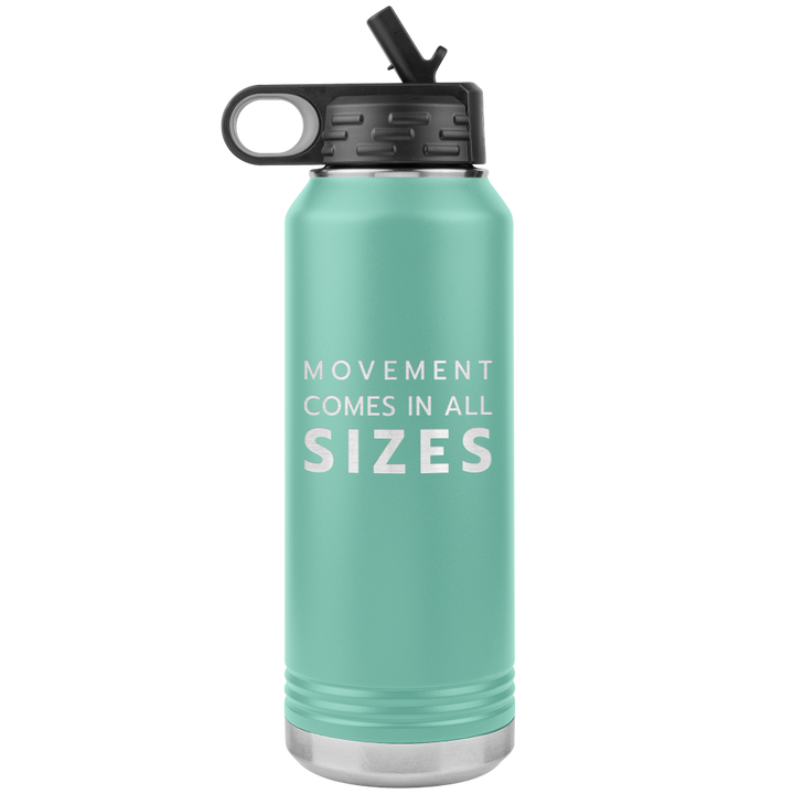 Light Green 32oz stainless steel waterbottle that says "Movement Comes In All Sizes" which is the slogan of The Movement Shop.