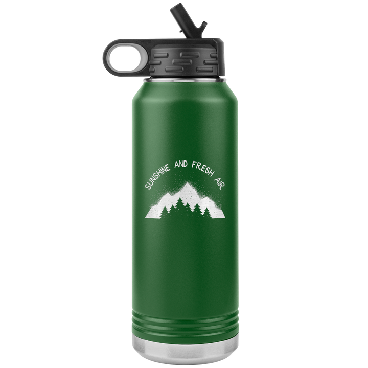 Green 32oz water bottle that says "sunshine and fresh air"